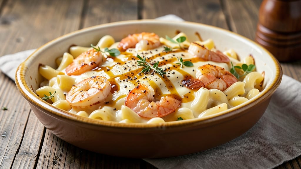 Baked Mac and Cheese With Shrimp Recipe: Bratzel-Style Crispy Top and Sweet Garlic Shrimp