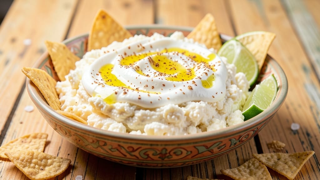 Authentic Mexican White Cheese Dip Recipe: Crunchy Tortilla Top and Tangy Queso Magic