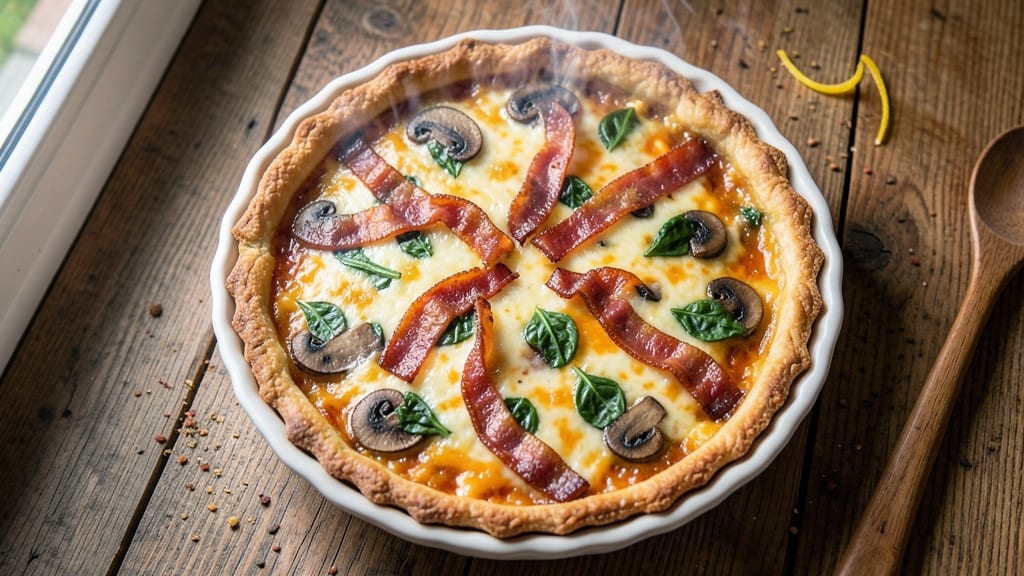 Bacon Mushroom Spinach Cheese Quiche Recipe: Flaky Crust Loaded With Smoky, Melty Layers