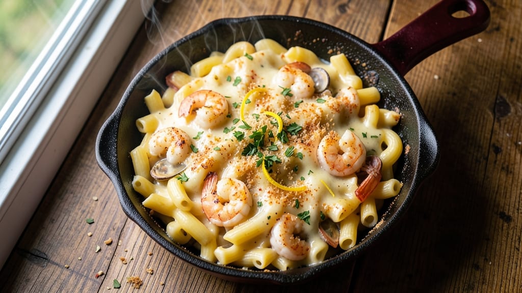Baked Seafood Mac and Cheese Recipe: Crispy Breadcrumb Top Meets Briny Seafood Bliss