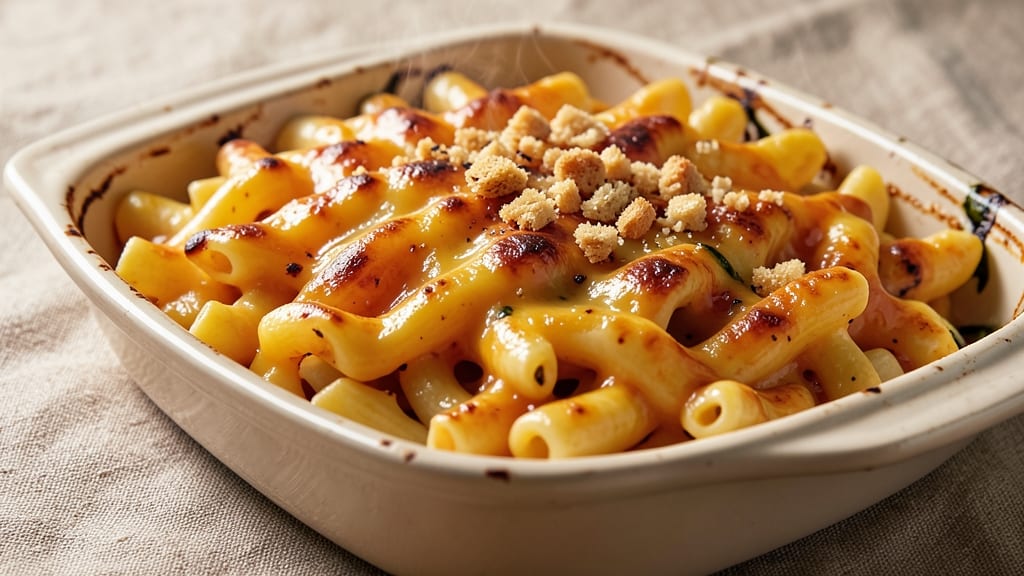 Baked Sharp Cheddar Mac and Cheese Recipe: Crispy Breadcrumb Crown Over Melty Streaks