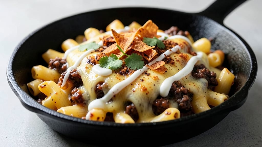Baked Taco Mac and Cheese Recipe: Crispy Tortilla Top With Spicy Cheese Rivers