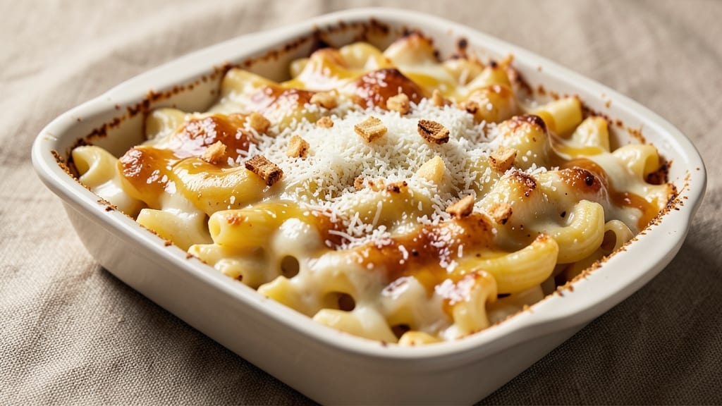 Baked Mac and Cheese Recipe with Parmesan: Triple-Cheese Crispy Top, Gooey Pulls
