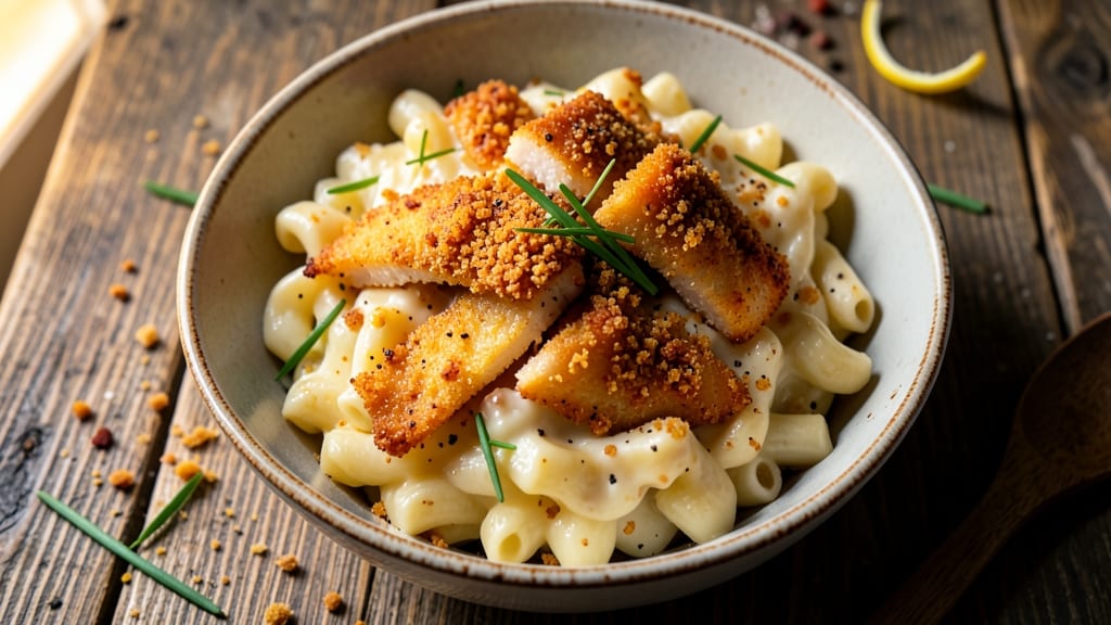 Bed Stuy Fish Fry Mac and Cheese Recipe: Crispy Beer-Battered Fish Over Gooey Cheese Layers