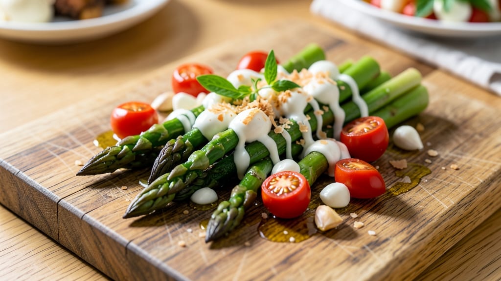 Asparagus Tomato Cheese Recipe: Roasted Veggie Crunch With Melty Fondue-Like Cheese